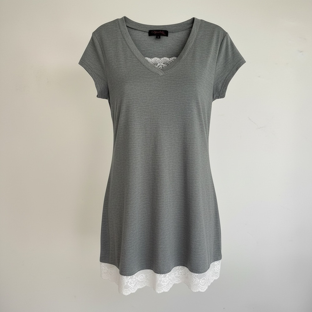 Gray V-Neck Tunic with White Lace Hem